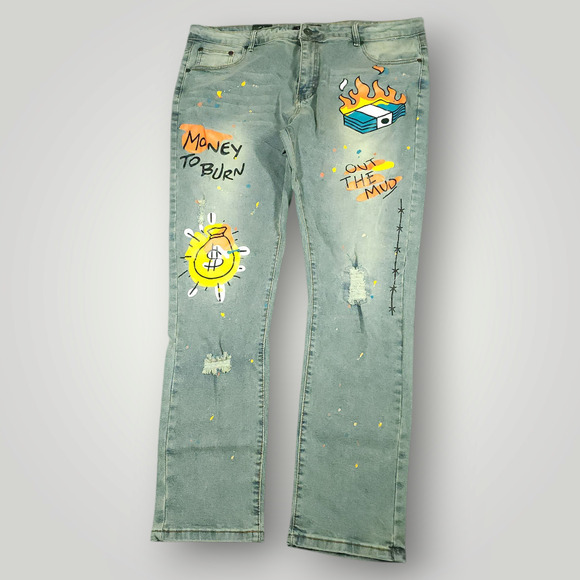 M Society Other - M Society Jeans 42x32 Mens Skinny Distressed Painted Art to Wear Light Mud Wash